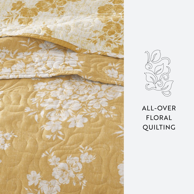 Twin Mustard Reversible Quilt Set with Shams - Distressed Bouquet Design