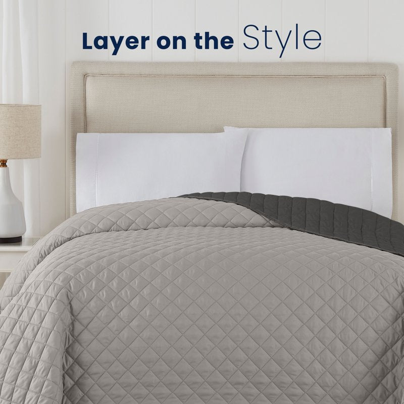 Martex King Reversible Light Gray Coverlet - Soft Lightweight Quilt Bedding