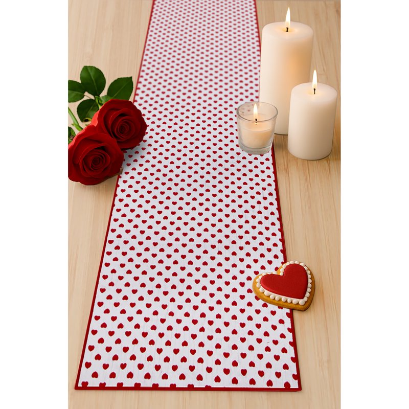 Reversible Hearts Table Runner - 14" x 90" - Cotton, Red & Ivory