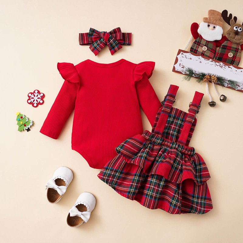 Red 3-6 Months Baby Girl Christmas Outfit Plaid Romper & Suspender Dress Set - Fall Winter Cute Clothes