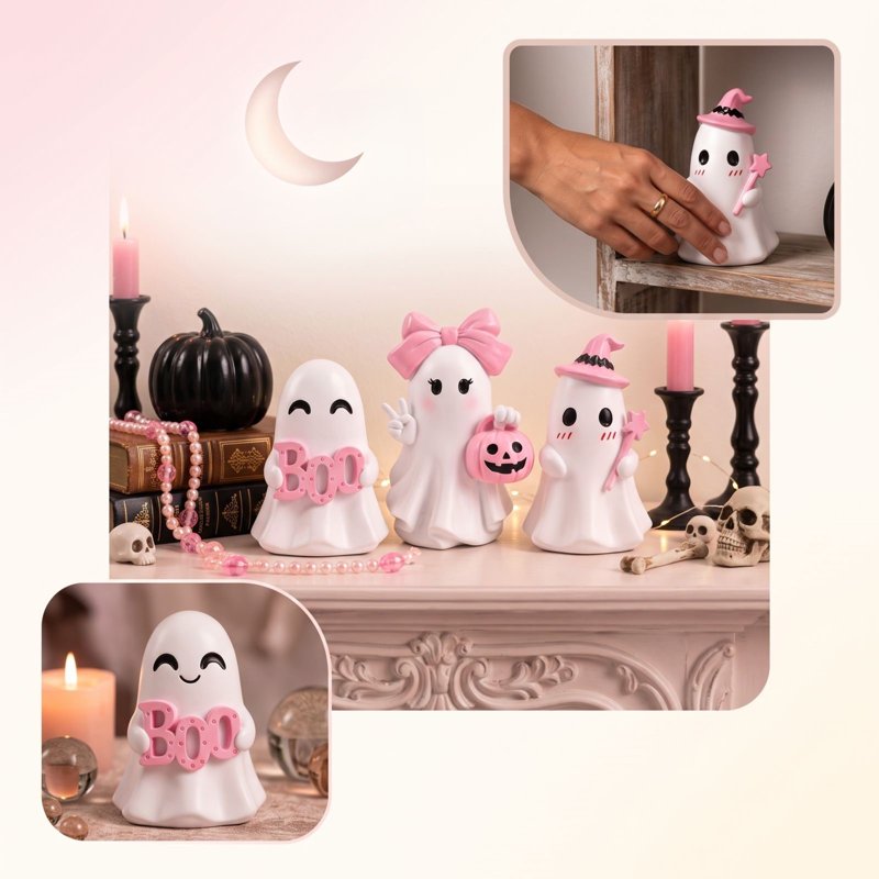 Pink Halloween Ghost Figurines Set - Pastel Resin Ghosts for Fall & Holiday Decor - Variation H
