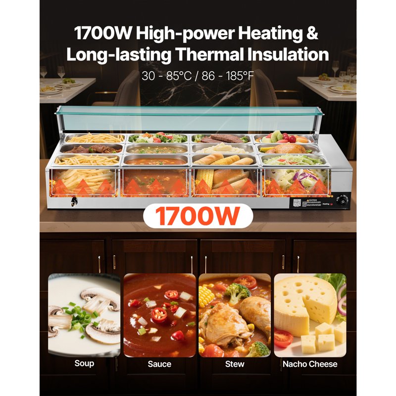 1700W Electric Food Warmer - Stainless Steel Steam Table with Glass Lid