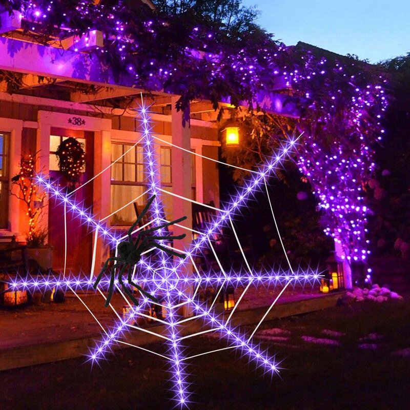 12ft Halloween Spider Web Lights with 1 Spider, 8 Modes Waterproof Outdoor Decoration