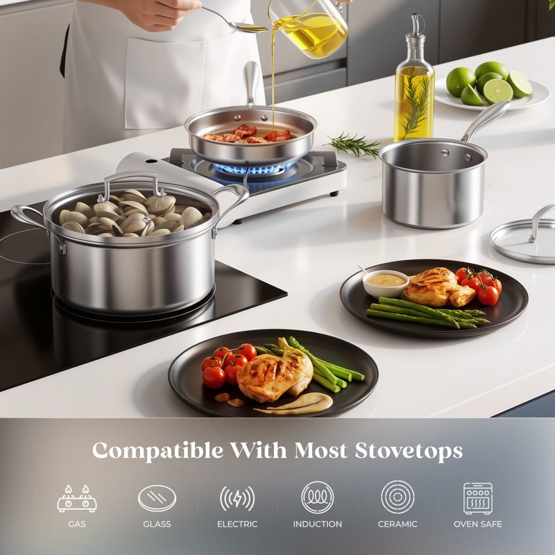 12-Piece Stainless Steel Cookware Set - Nonstick & Dishwasher Safe