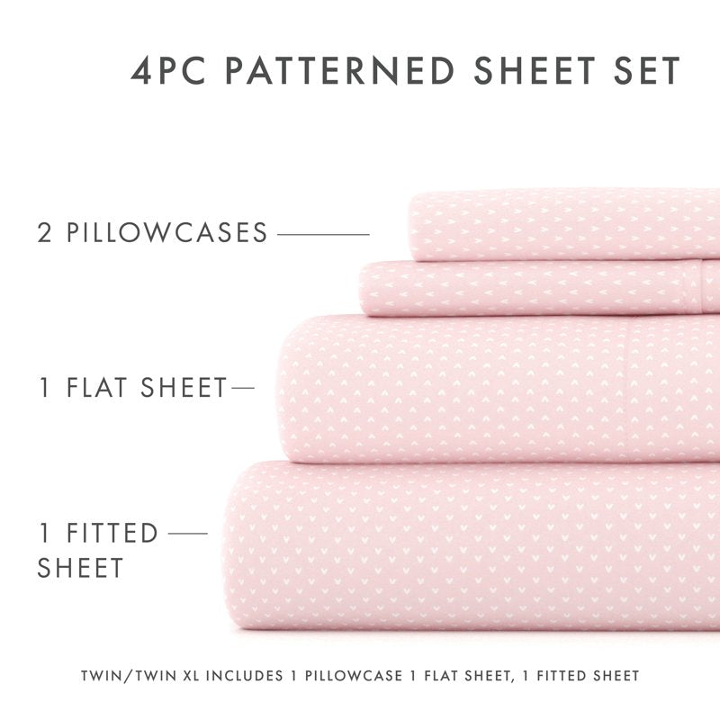 Full Microfiber Bed Sheet Set with Heart Pink Pattern - 4 Piece