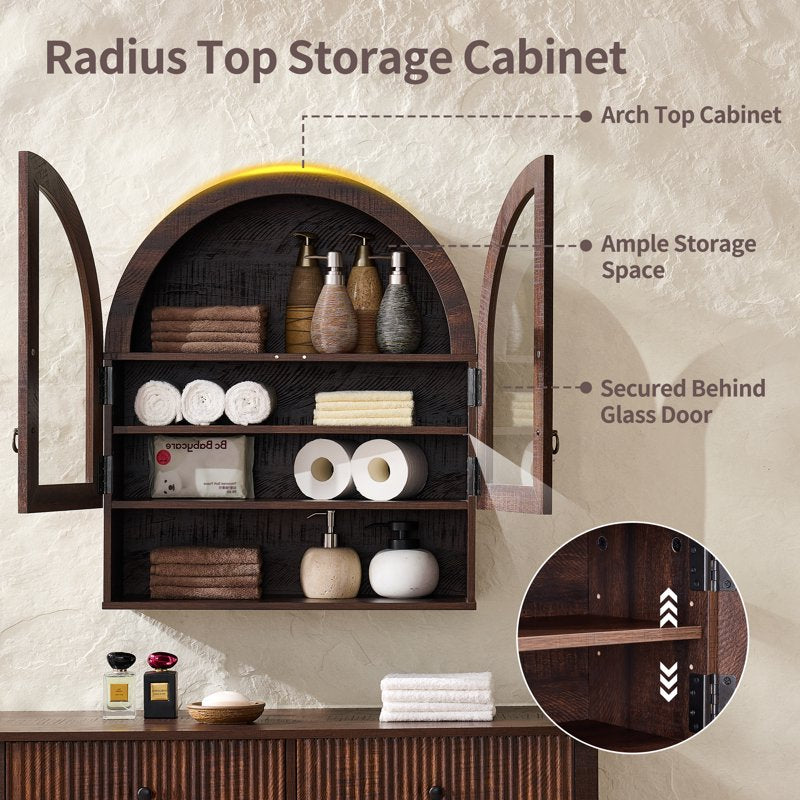 SinCiDo Brown Bathroom Medicine Cabinet with Arched Glass Doors & Adjustable Shelves - Over Toilet Wall Storage