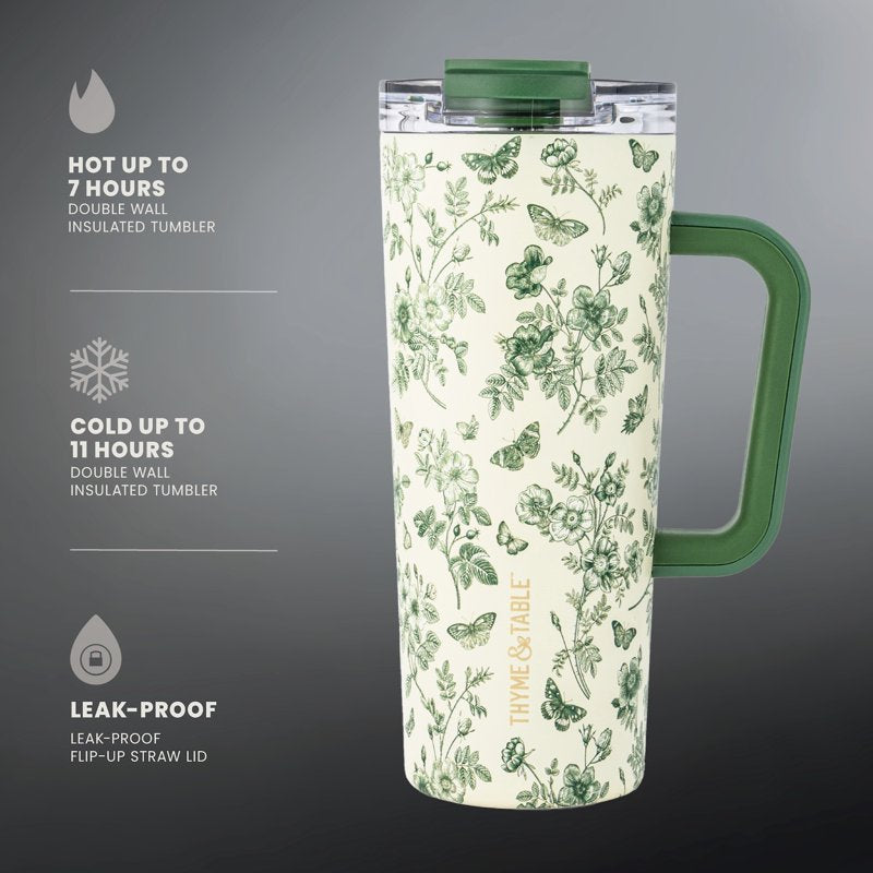 24oz Stainless Steel Luna Tumbler with Handle & Dual Straw Lid - Green Floral
