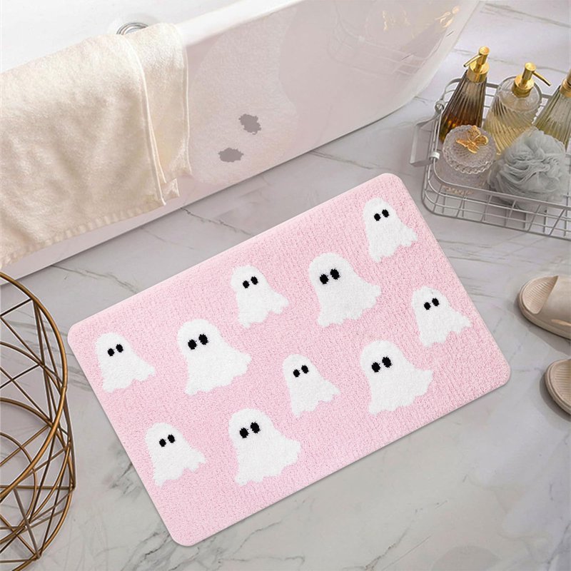 Pink Halloween Ghost Doormat 16x24 Inch Non Slip Crystal Velvet Entry Rug - Decor_A2