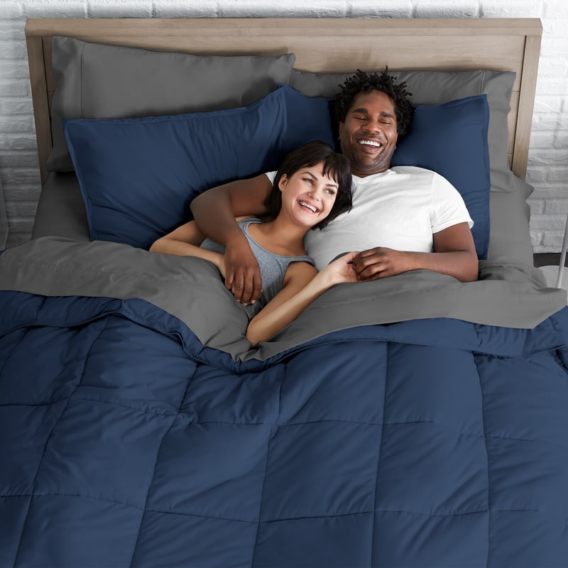 Split Head Flex King Microfiber Bed in a Bag - Dark Blue & Gray, 7 Piece