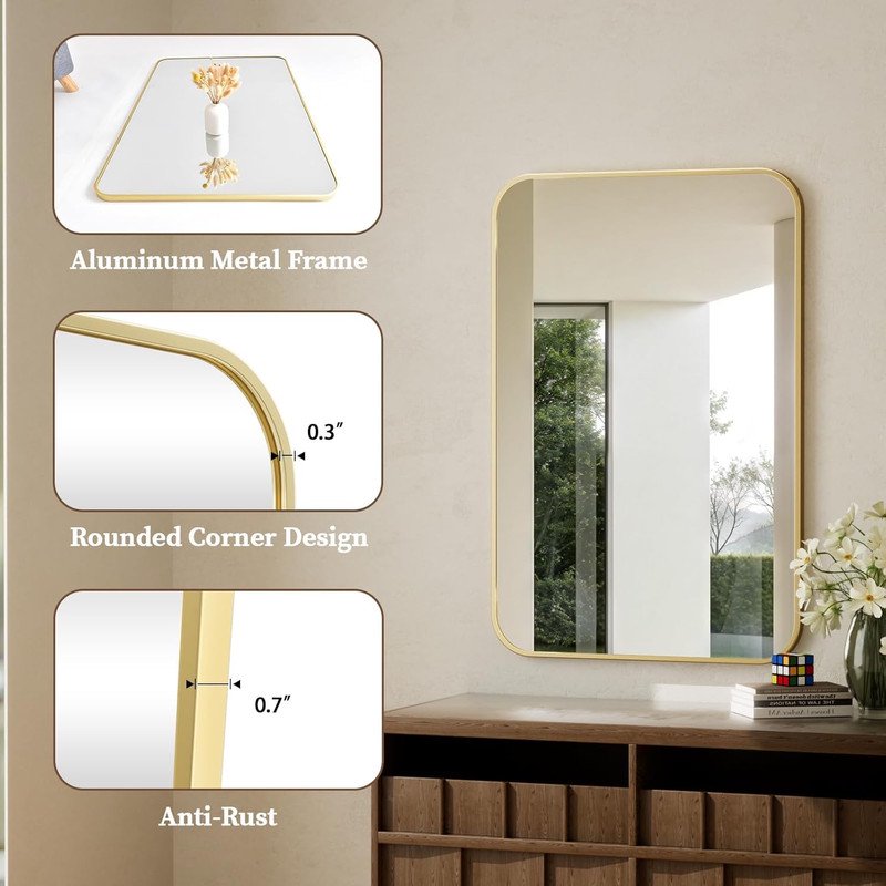 36x48 Inch Gold Bathroom Mirror - Rounded Edge Wall Mount Vanity Mirror - Clarvion