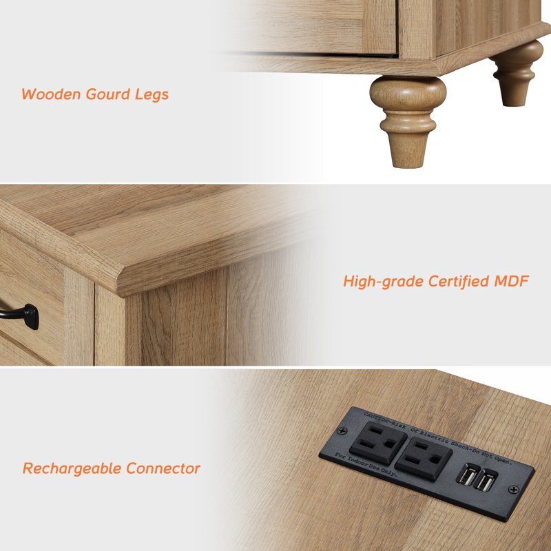 Rustic Oak Nightstand with Charging Station & 2 Drawers