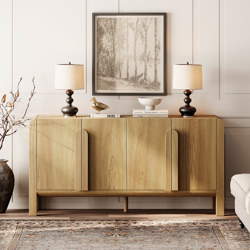 63" Modern Accent Cabinet with Curved Design & Adjustable Shelves - Walnut