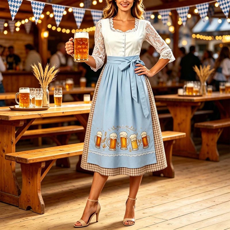 Women's Oktoberfest Dirndl Dress with Lace & Beer Mug Print - Multicolor XXL