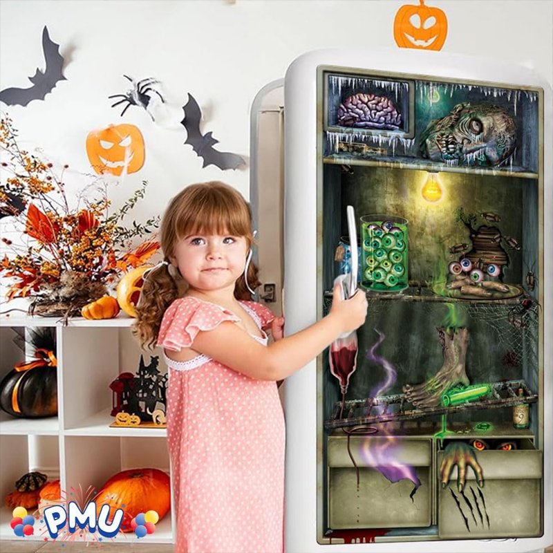 Halloween Refrigerator Door Cover - Spooky Witch Design, 30x60 Inches, Pkg of 1
