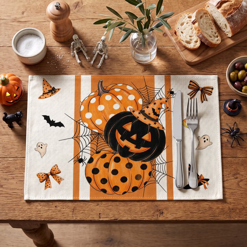 Halloween Placemats Set of 4 - Orange Pumpkin Ghost Bat Spider Web 12x18 C