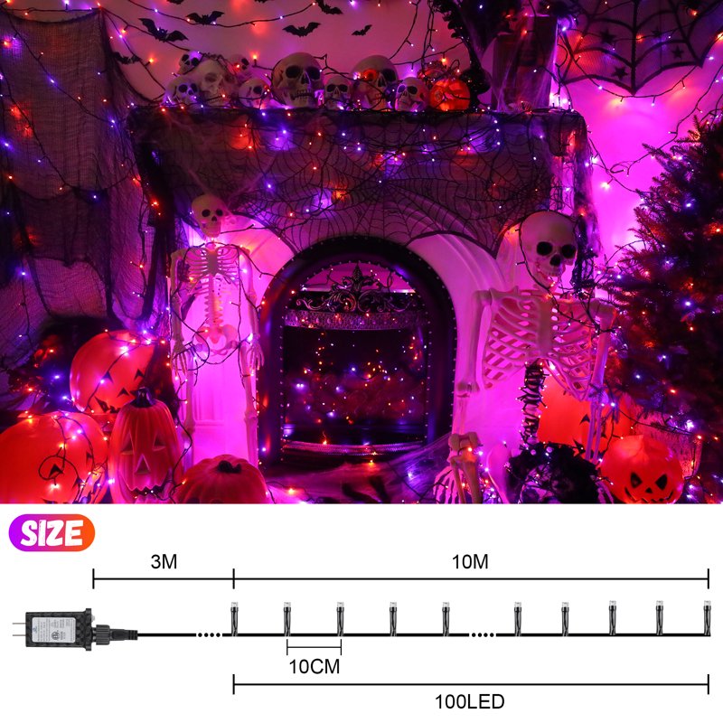 Halloween String Lights Purple & Orange LED 33ft 100 LEDs Outdoor Indoor Decoration - Variation of THIS listing