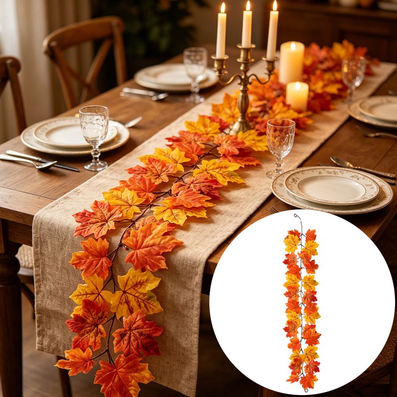 Autumn Maple Garland with Pumpkin Accents - 40in Fall Decor for Fireplace & Porch - Orange T