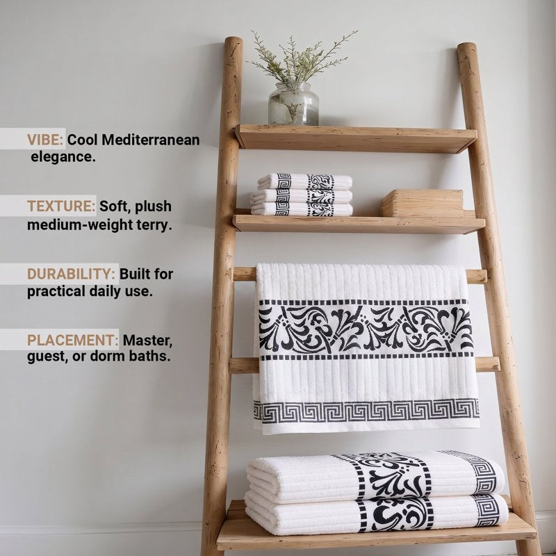 Greek Scroll Cotton Bath Towel Set - 6-Piece Quick Dry Towels - Chrome Variant