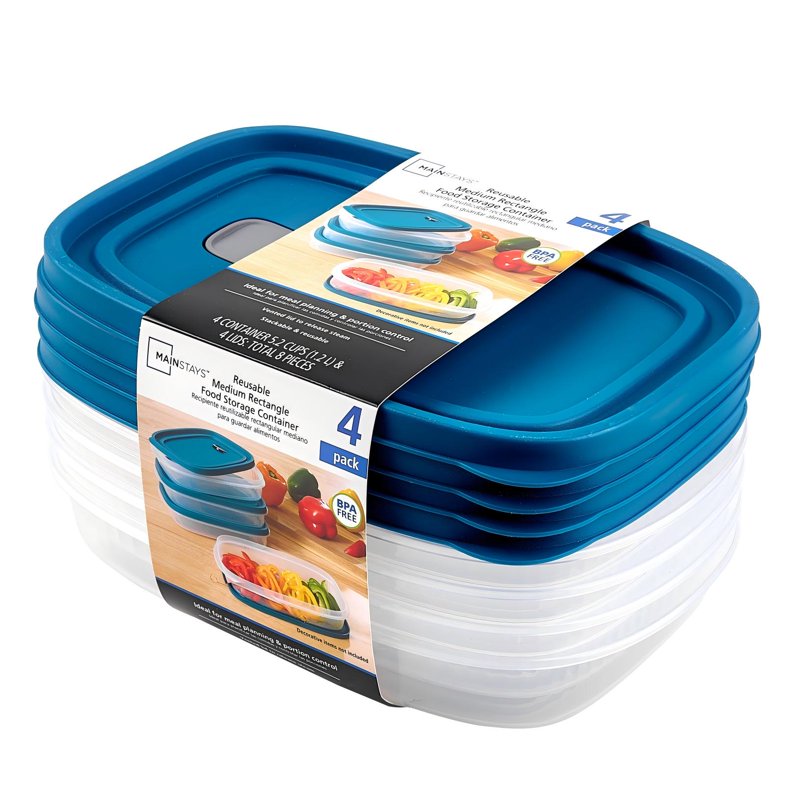 Reusable Food Storage Containers 4-Pack - 5.2 Cups, Medium Rectangle