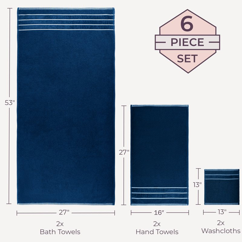 Luxury 6-Piece Cotton Bath Towel Set with Rice Weave - Navy