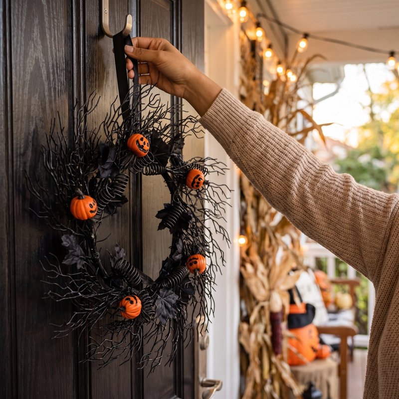 WWC Halloween Wreath 24 Inch Pumpkin and Black Bare Branch Gothic Decor - Variation J