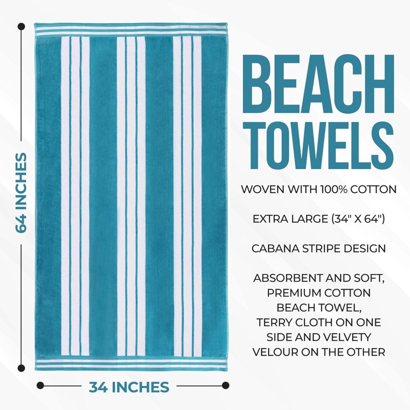 Oversized Cotton Striped Beach Towel Set of 4 - Turquoise, 34 x 64 inches - Beach & Pool Towels - Variation of Beach Towel 4-Pack