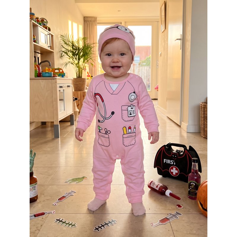 Pink Toddler Doctor Costume Romper & Hat Set 6-12 Months Baby Dress Up