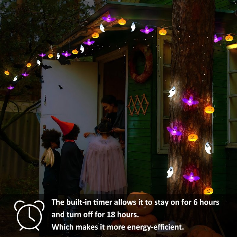 Halloween String Lights with Pumpkins & Bats - 10Ft 20 LED Battery-Operated 8 Modes, Timer, 2 Pack
