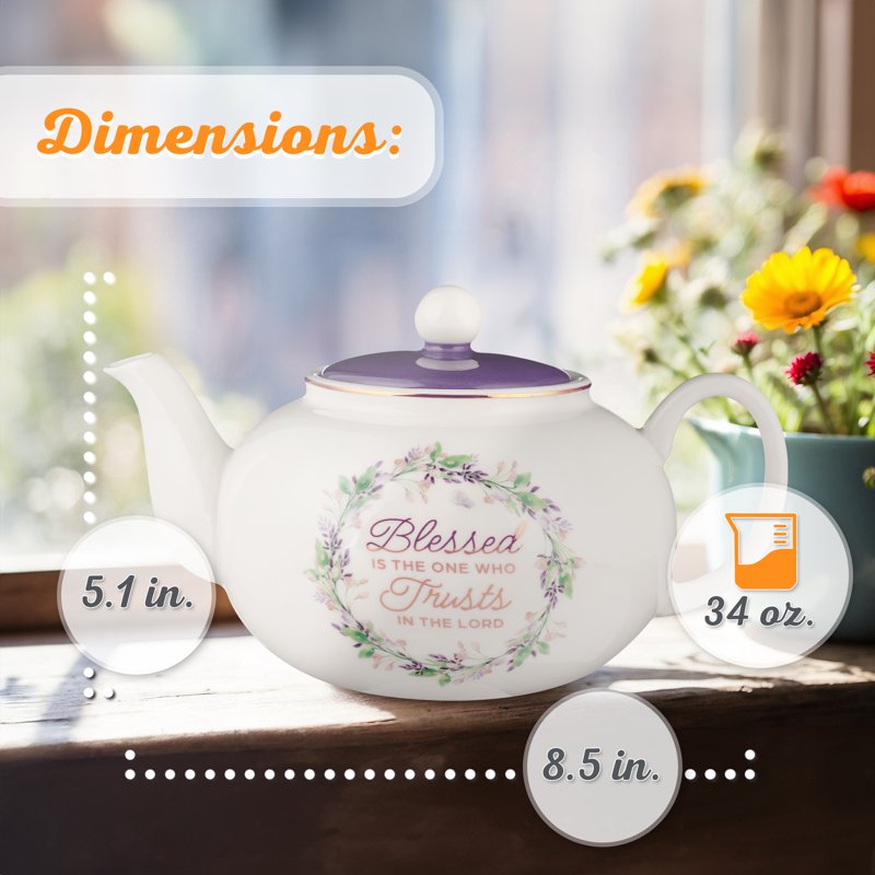 Inspirational Ceramic Teapot - Blessed Purple Floral, 34 oz