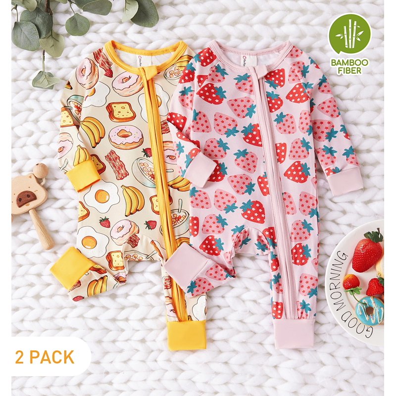 PinkBerry 0-3 Months Baby Footless Zip Pajamas 2-Pack - Snug Fit Bamboo Bodysuits