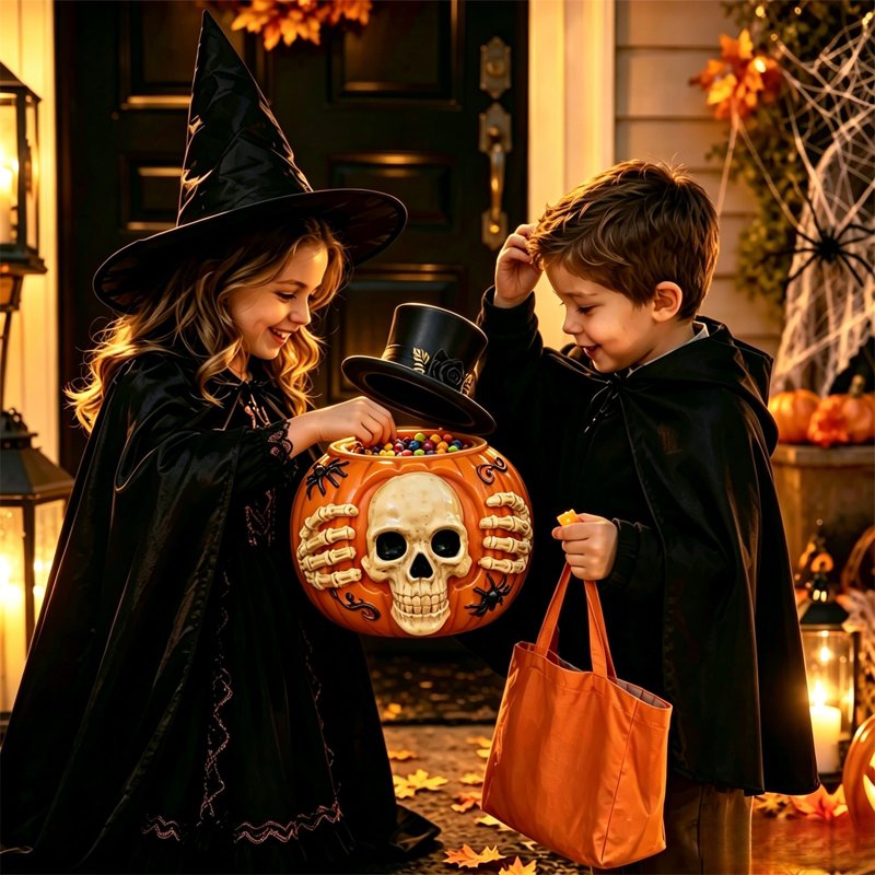 Liamobondopolis Halloween Skeleton Pumpkin Candy Jar with Black Top Hat & Spider - Variation #020
