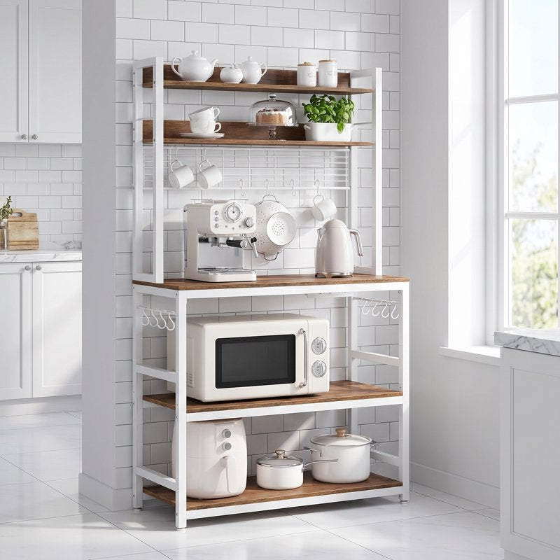 Tall Bakers Rack with Power Outlet - Rustic Walnut & White