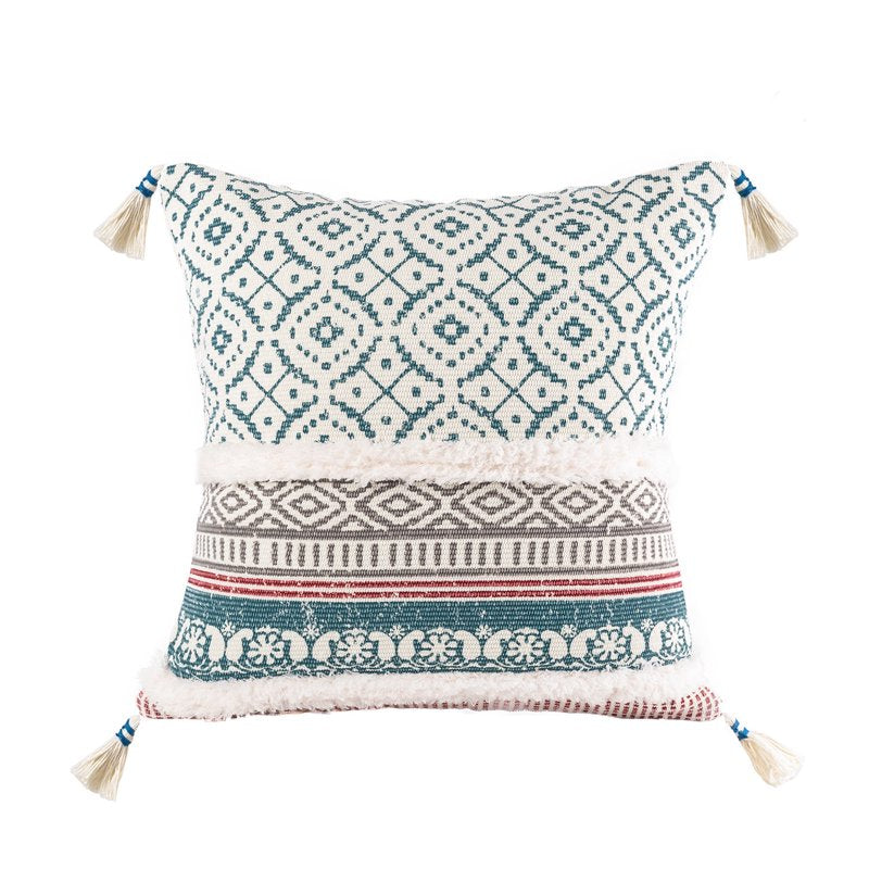 Boho Woven Tufted Throw Pillow with Tassels - 18x18 Blue - Variation of Weave
