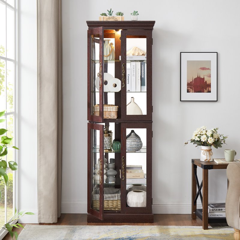 Wood Curio Display Cabinet with Light - Dark Cherry Finish