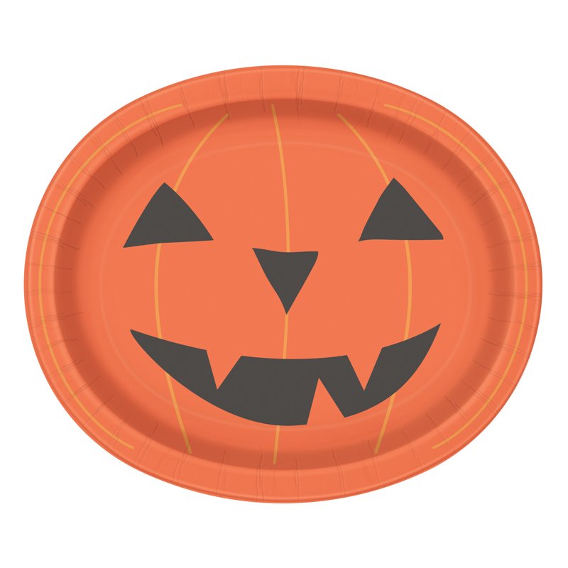 Halloween Smiling Pumpkin Oval Paper Plates - 12x10 Inch, Pack of 8