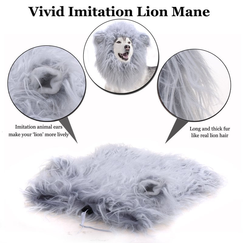Lion Mane Wig for Dogs - Gray, Size Large, Funny Pet Costume for Halloween & Christmas