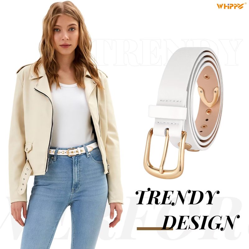 Women's Leather Belt for Jeans & Dresses - Studded PU Retro Waist Accessory - White, Fits 32-36"