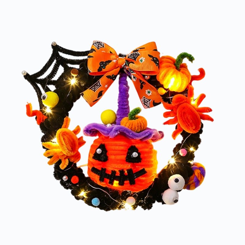 Halloween Wreath with Orange LED Pumpkin and Ghost - Variation of Pumpkin and Bow