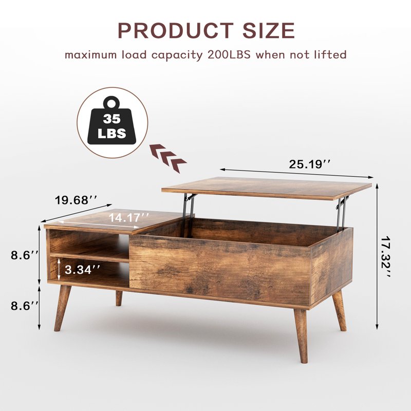 Lift Top Rectangular Wood Coffee Table - Rustic Oak