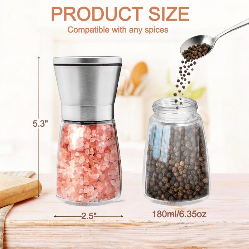 Salt and Pepper Grinder Set - Adjustable Coarseness, Stainless Steel & Glass