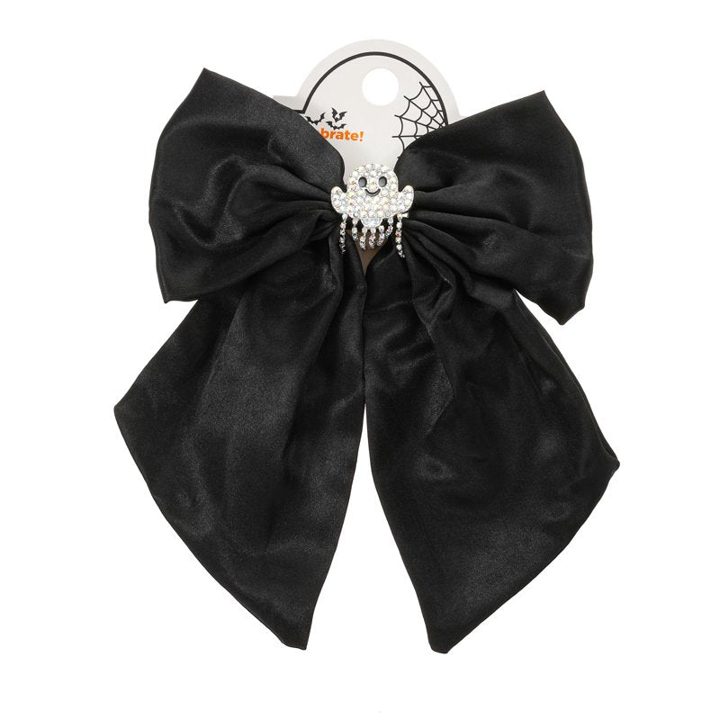 Halloween Embellished Ghost Charm Hair Bow Clip - Black Satin Barrette