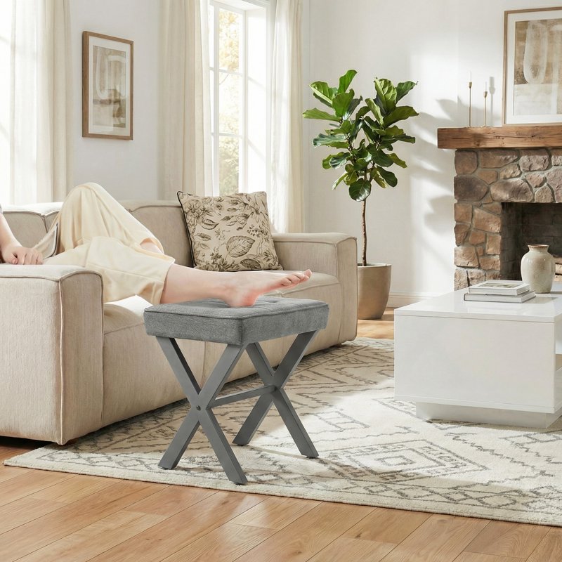 Modern Square Makeup Stool with Metal X Legs - Multiple Colors
