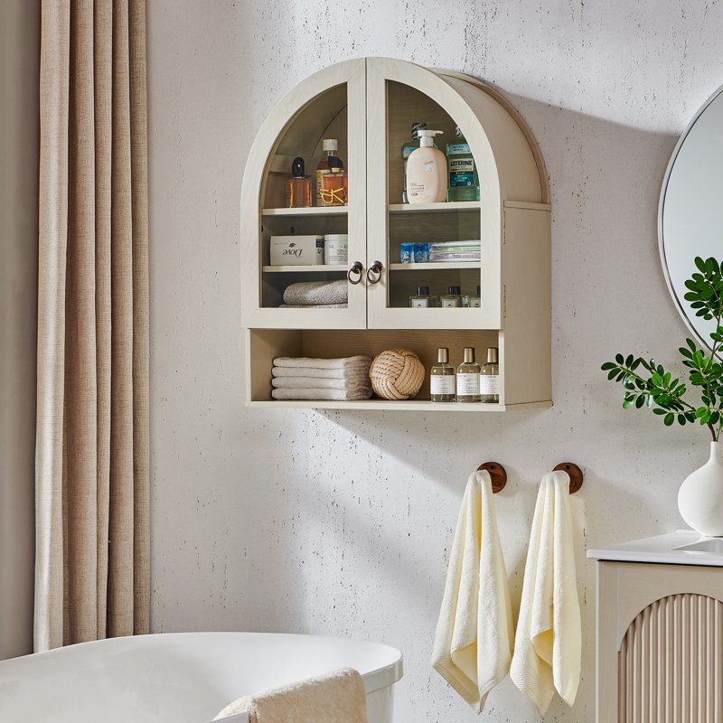 Bathroom Medicine Cabinet with Glass Doors - Cream Wall Mount Arched Storage