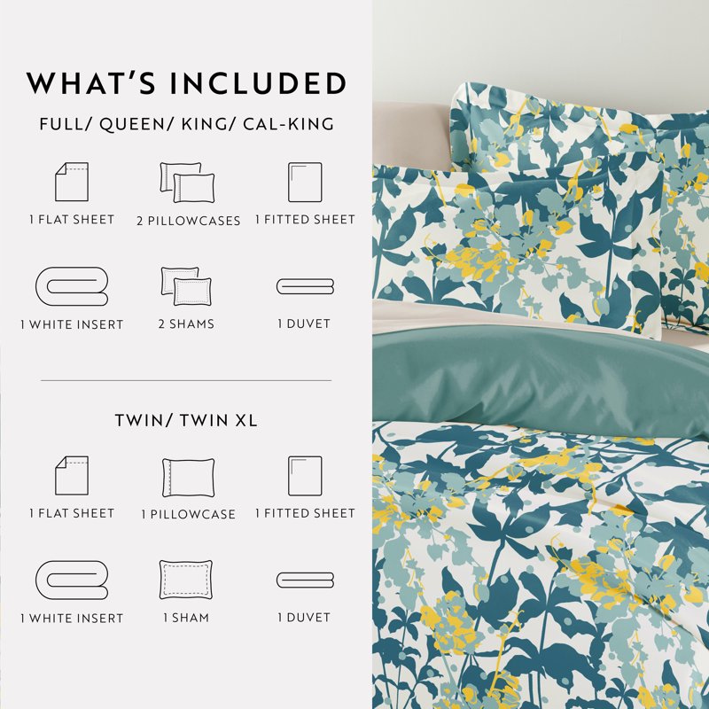 Twin XL Duvet Cover Set with Comforter and Sheets - Boho Flower Teal, 7 Pieces