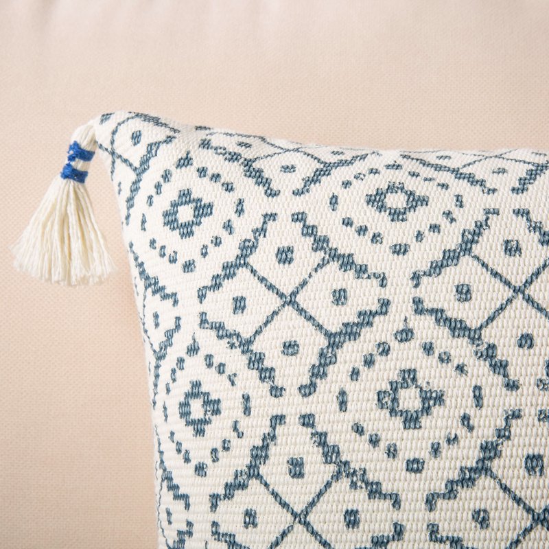 Boho Woven Tufted Throw Pillow with Tassels - 18x18 Blue - Variation of Weave