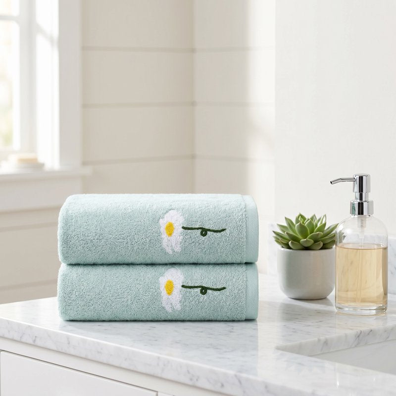 Blue Floral Cotton Hand Towels Set - Embroidered, Soft, Absorbent, 4-Piece, 13x30 Inches