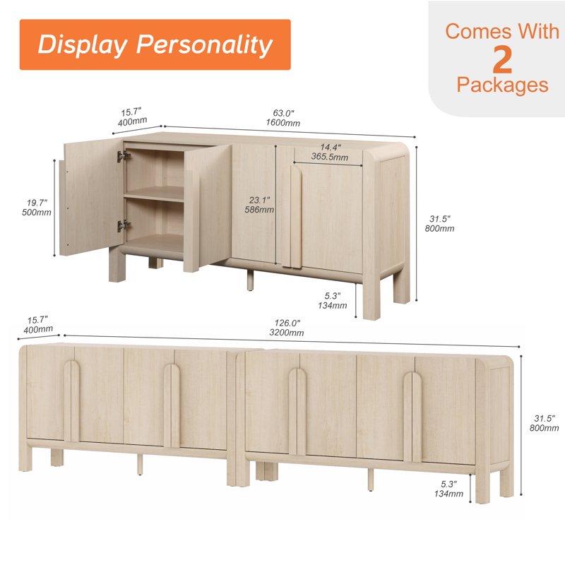 126" Modern Accent Cabinet with 8 Doors & Adjustable Shelves - Beige, 2 Pack