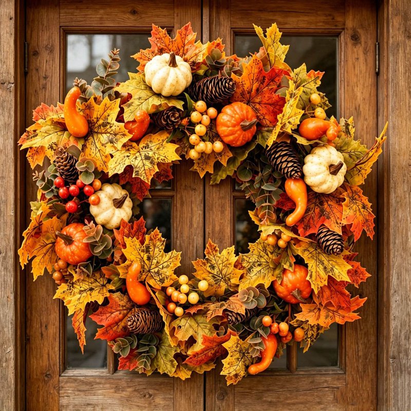 Black Fall Maple Pumpkin Berry Wreath - 19.69in Farmhouse Halloween & Thanksgiving Decor