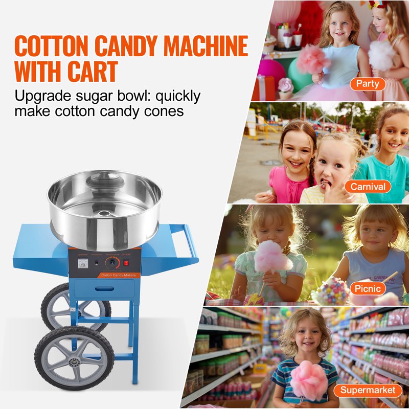 1000W Electric Cotton Candy Machine with Cart - Stainless Steel Bowl