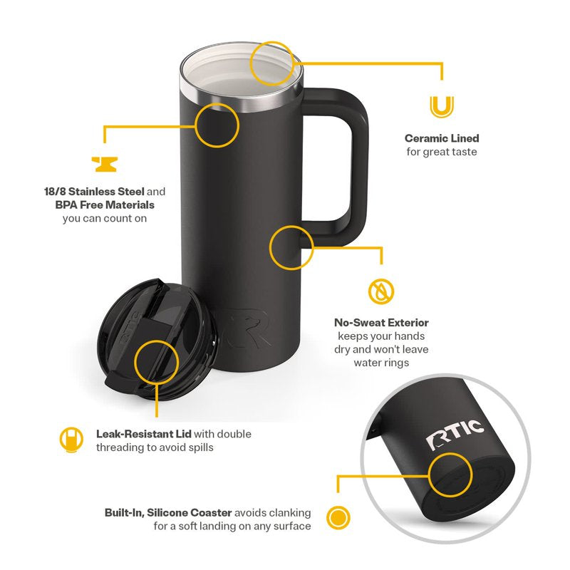 20 oz Insulated Travel Mug with Ceramic Lining & Leak-Resistant Lid - Black